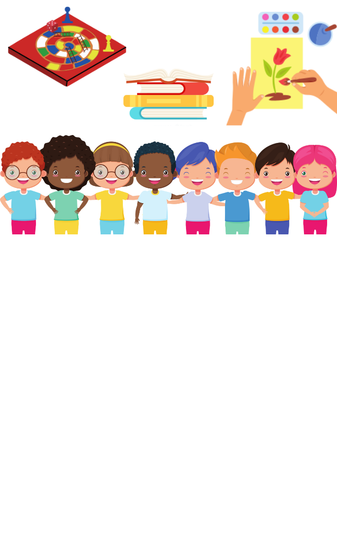 line of children with a game board, books, and a craft above their heads