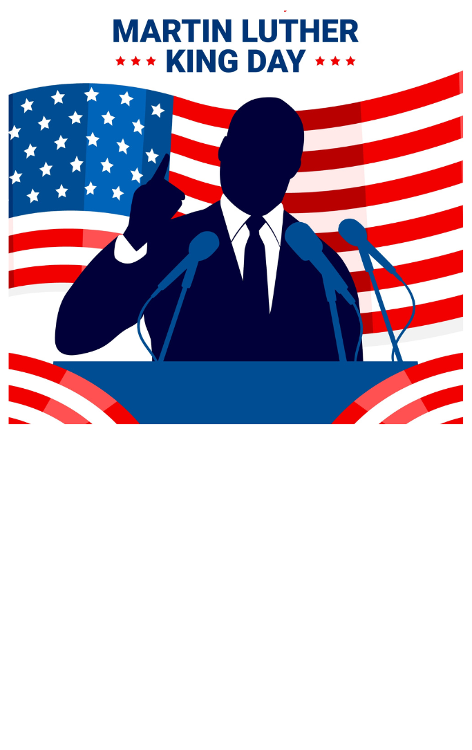 Stylized Martin Luther King, Jr. giving a speech with an American Flag flying behind him.