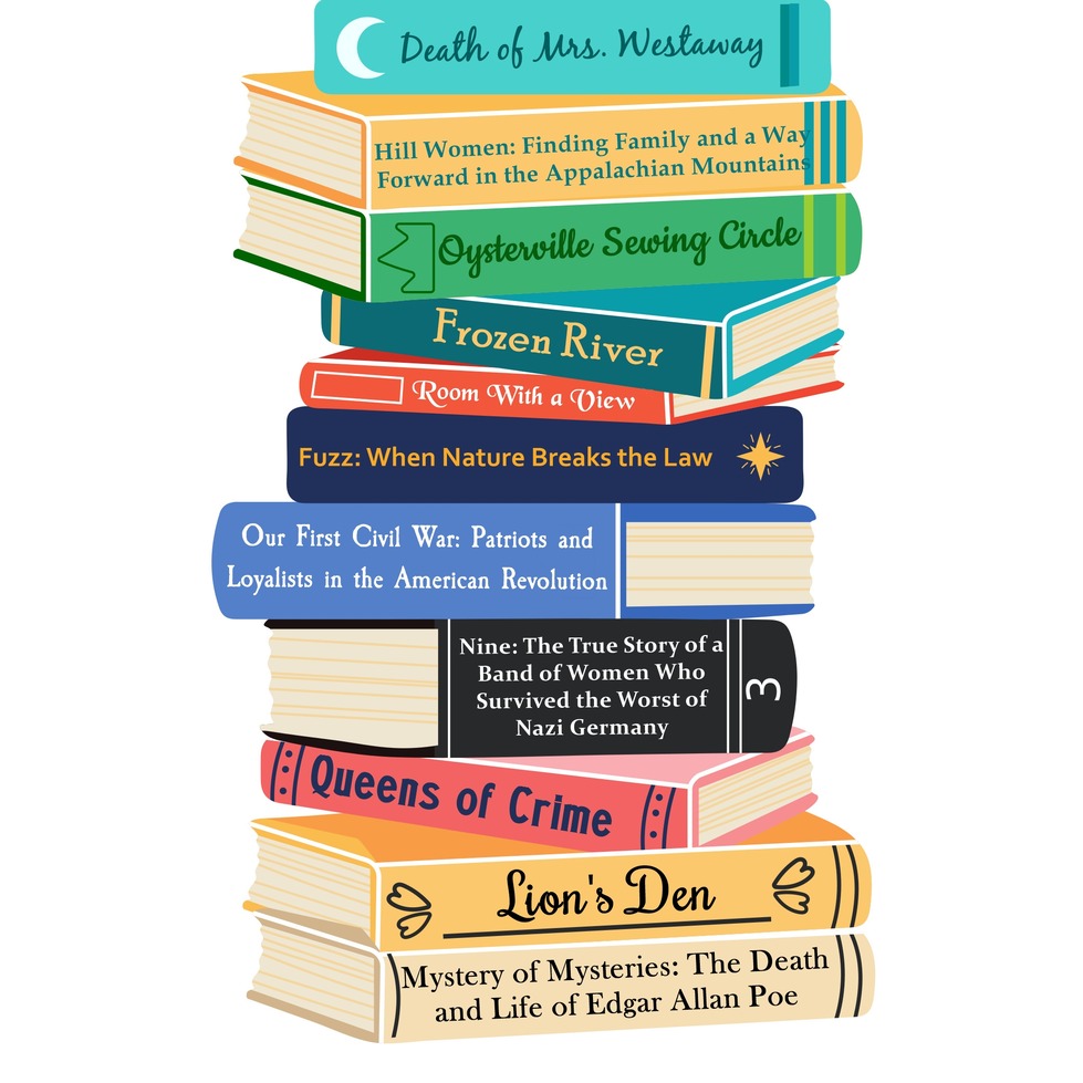 Stack of books with list of each 2026 Book Club title listed on spines