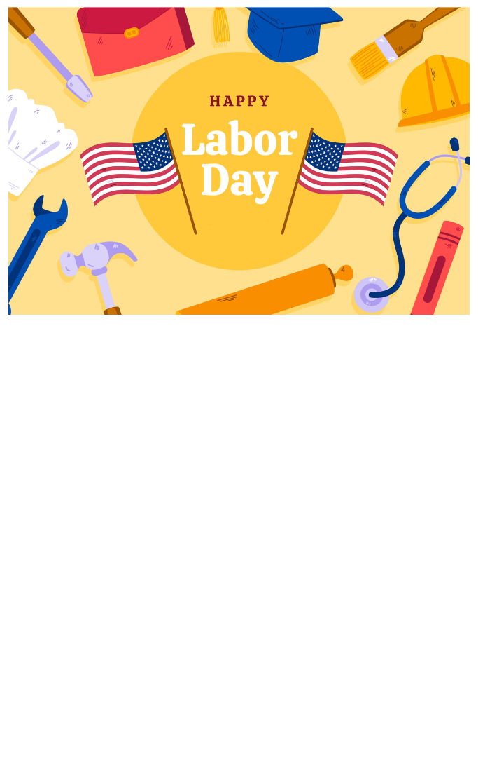 American flag and various tools laid out around a circle declaring Labor Day