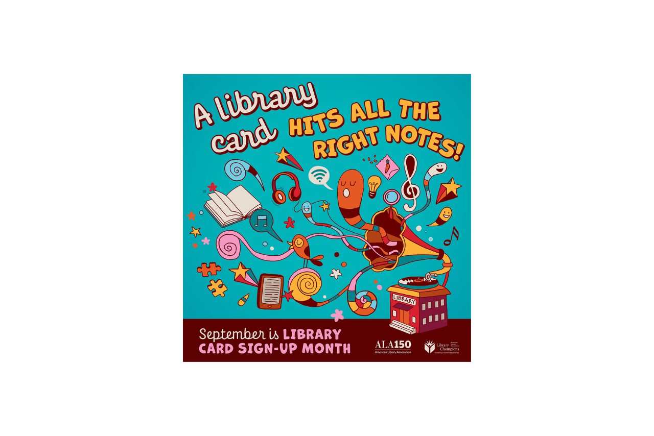 A library reimagined as a gramophone with notes, books, headphones, mobile devices, etc. coming out of the speaker.