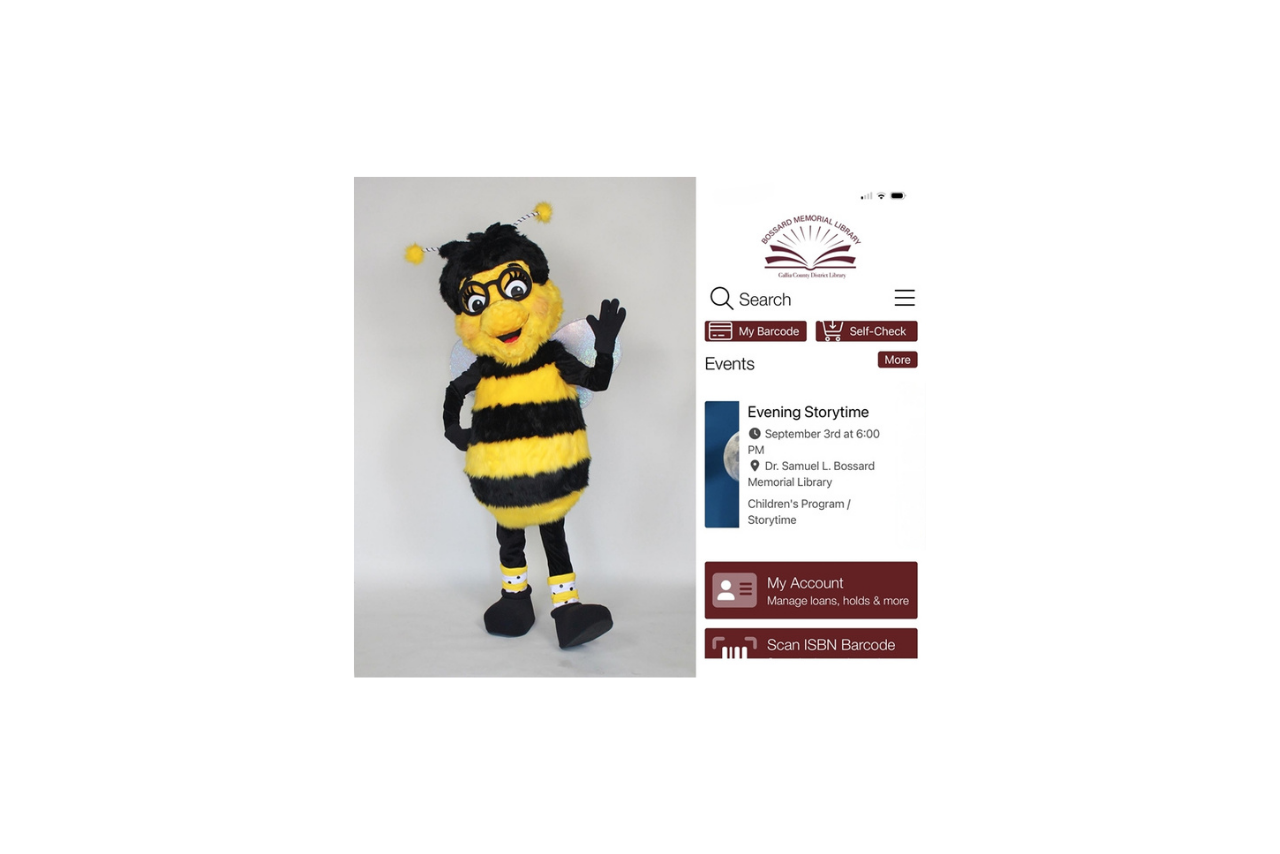 Bee Mascot waving with a screenshot of the library's mobile app to the left