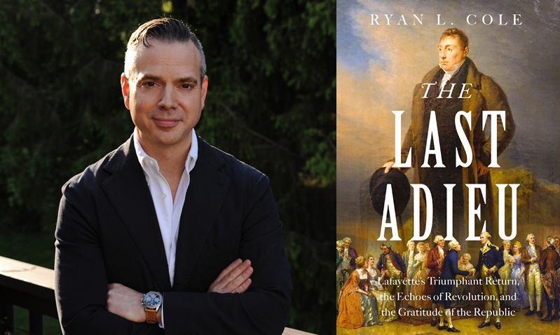 Author Ryan Cole on the left and the book cover of The Last Adieu on the right