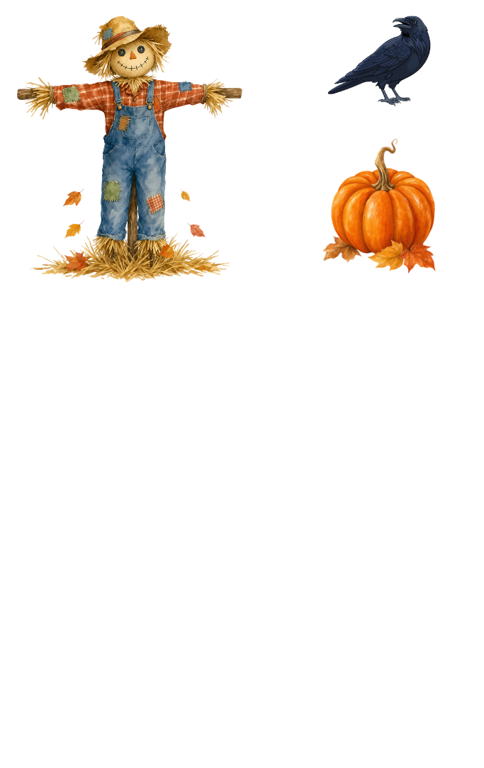 Graphic scarecrow on the left with a black crow and pumpkin on the right